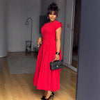 Ruched Short-Sleeve A-Line Maxi Dress