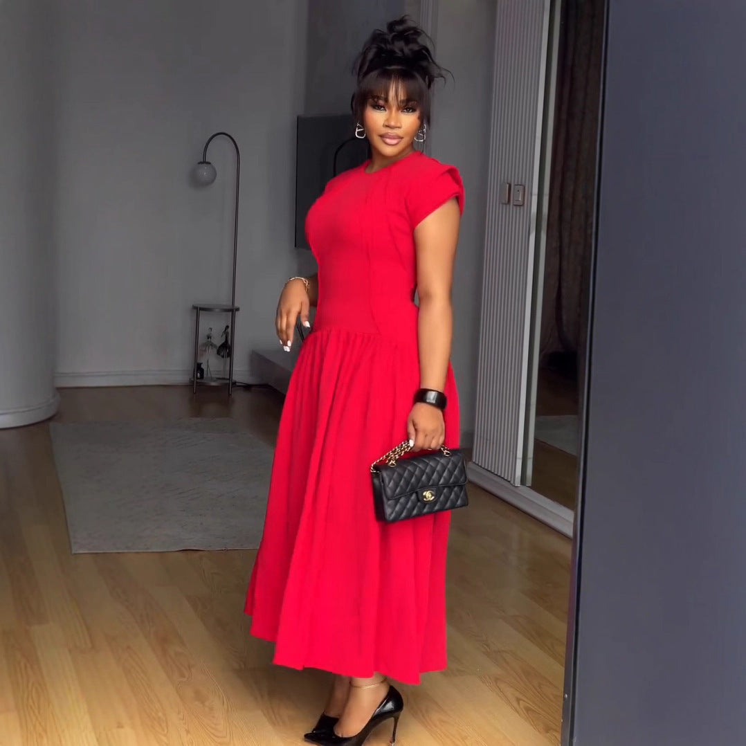 Ruched Short-Sleeve A-Line Maxi Dress