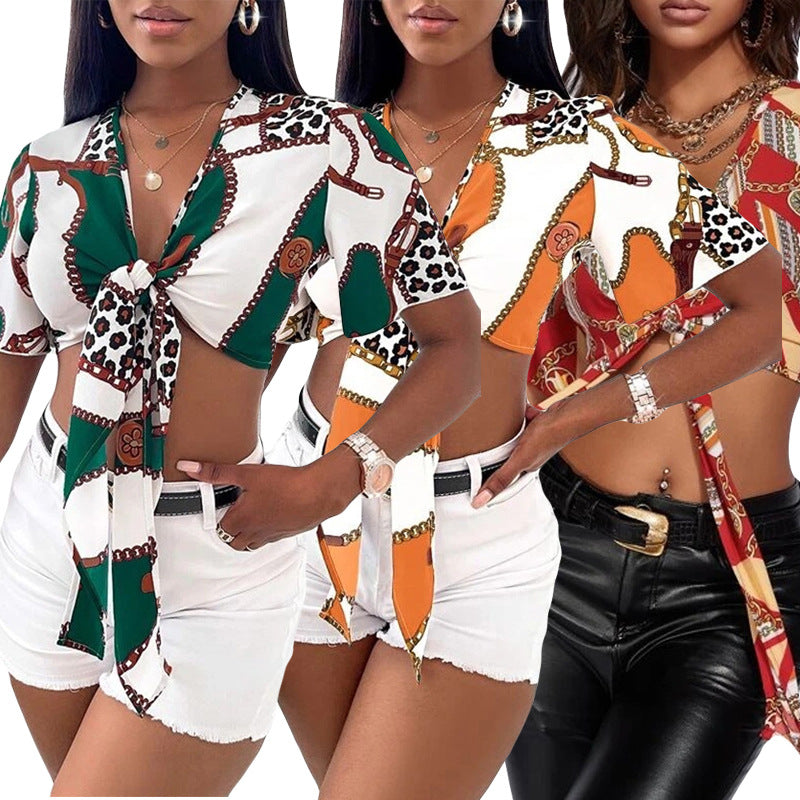 Women's Clothing Shirt Bow Lace-Up Sexy Shirt Summer Short Sleeve Printed Top