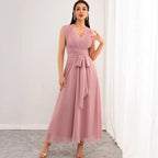 Women's Pink Chiffon Backless V-Neck Maxi Dress