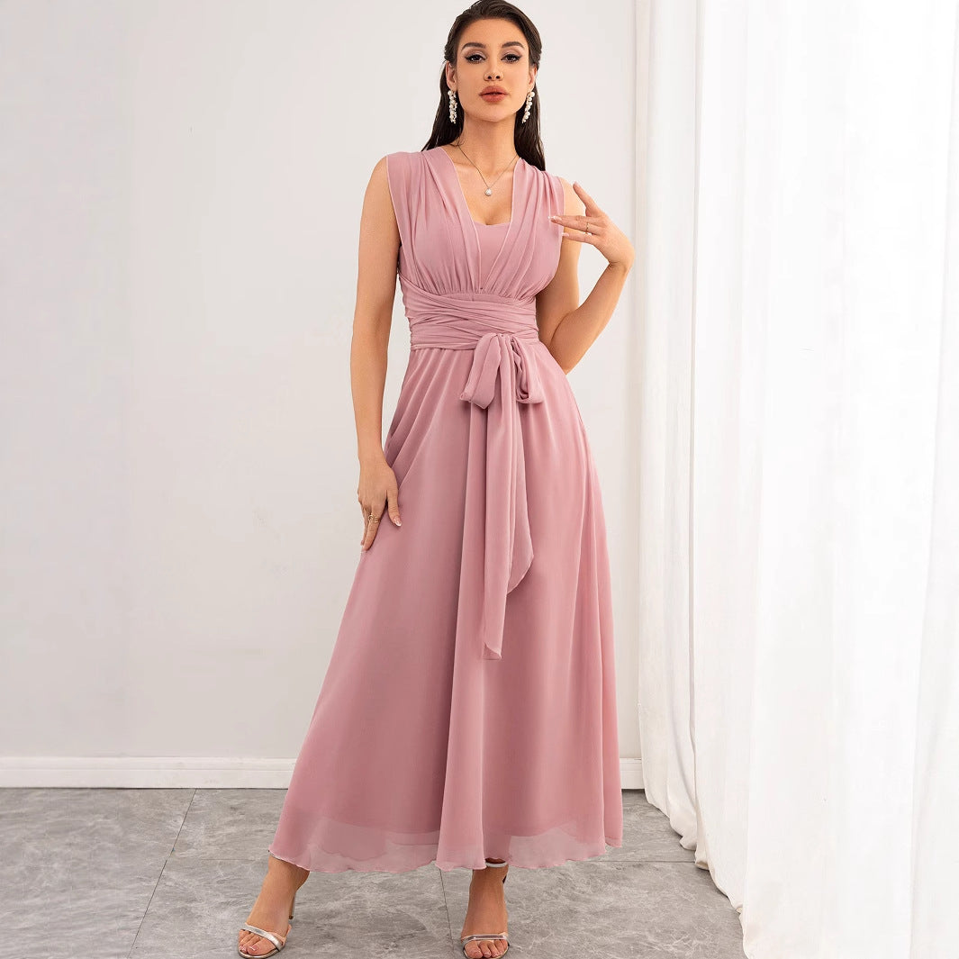 Women's Pink Chiffon Backless V-Neck Maxi Dress
