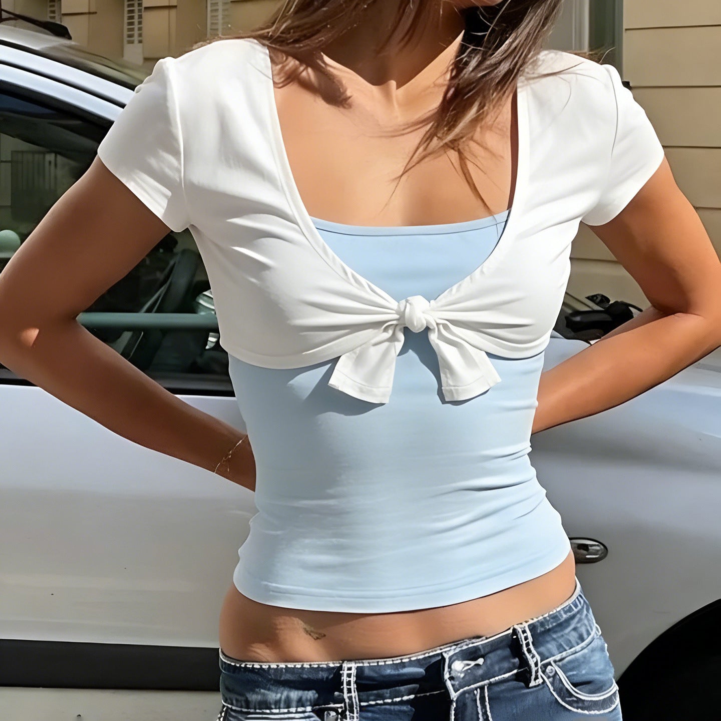 Women's Contrast Trim Two-Piece Style Top