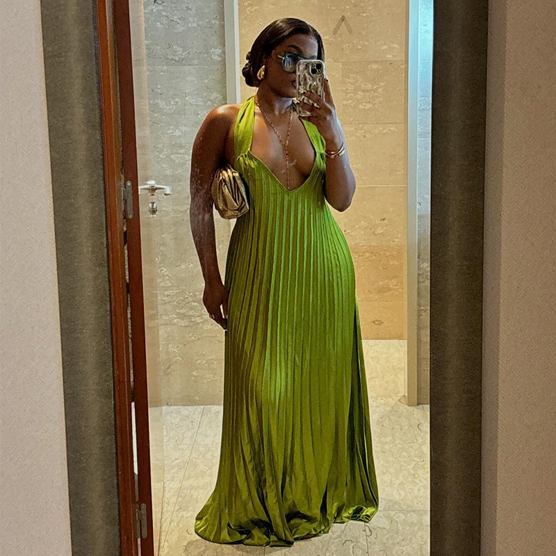 Autumn Sweet Fresh V-Neck Halter Backless Pleated Oversized Swing Dress