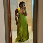 Autumn Sweet Fresh V-Neck Halter Backless Pleated Oversized Swing Dress