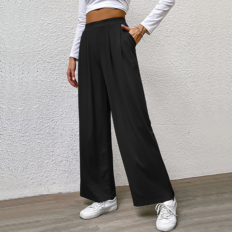 Solid Color Rib Fabric Wide Leg Pants