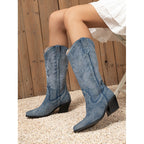 Women's Retro Embroidered Western Knight Boots Cowboy Boot Thick Heel Pointed Slimming Boots