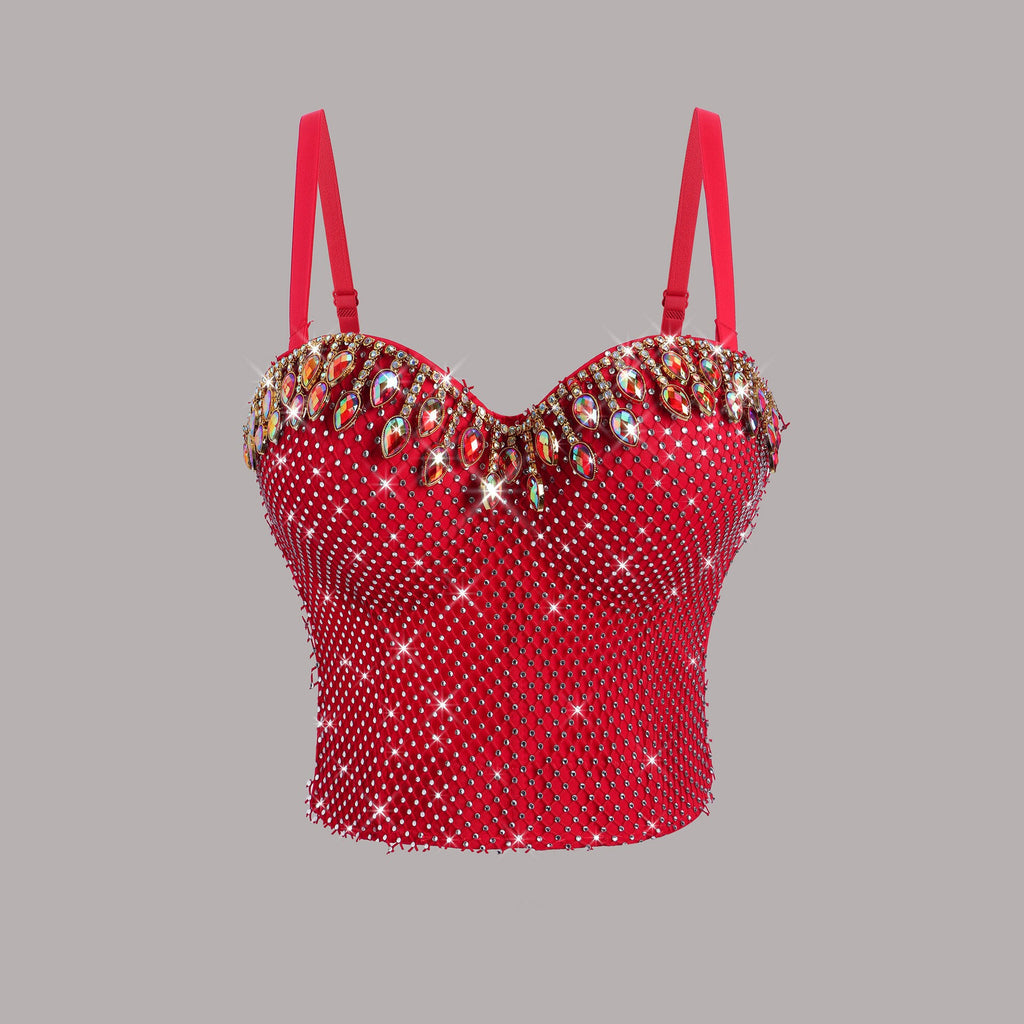 Women's Heavy Industry Colorful Crystals Mesh Camisole Tunic Atmosphere Rhinestone Slim Fit Shaping Tube Top Vest