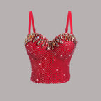 Women's Heavy Industry Colorful Crystals Mesh Camisole Tunic Atmosphere Rhinestone Slim Fit Shaping Tube Top Vest
