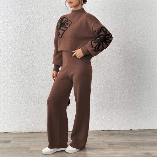 Two-piece sweater and wide-leg pants set in brown with black floral ribbon embroidery
