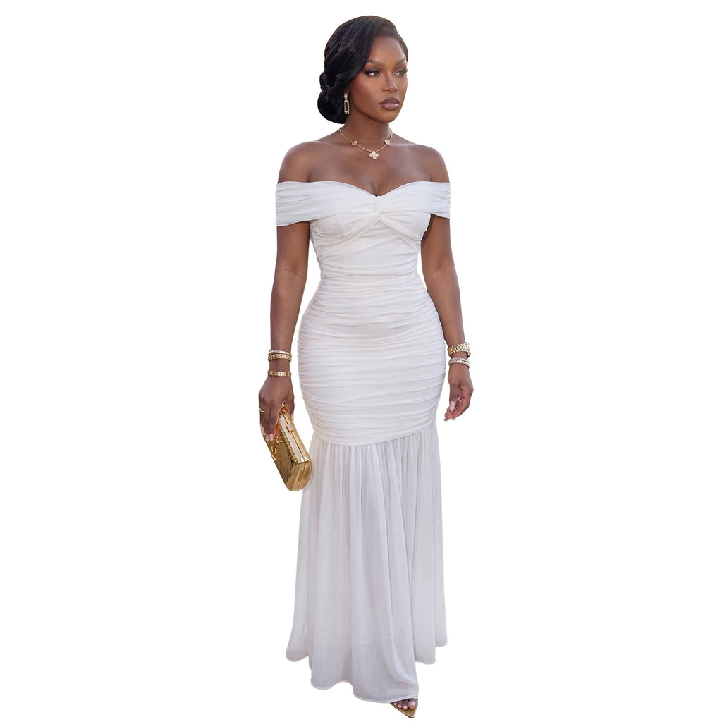 White off-shoulder ruched maxi dress, sweetheart neckline, fitted waist