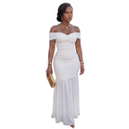 White off-shoulder ruched maxi dress, sweetheart neckline, fitted waist