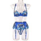 Sexy Lingerie Set Floral Embroidery Three-Piece Set with Steel Ring Holy Blue Goddess