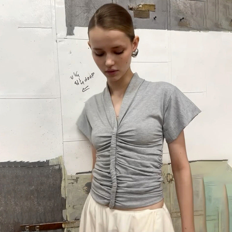 Women’s Gray Ruched V Neck Slim Fit T Shirt