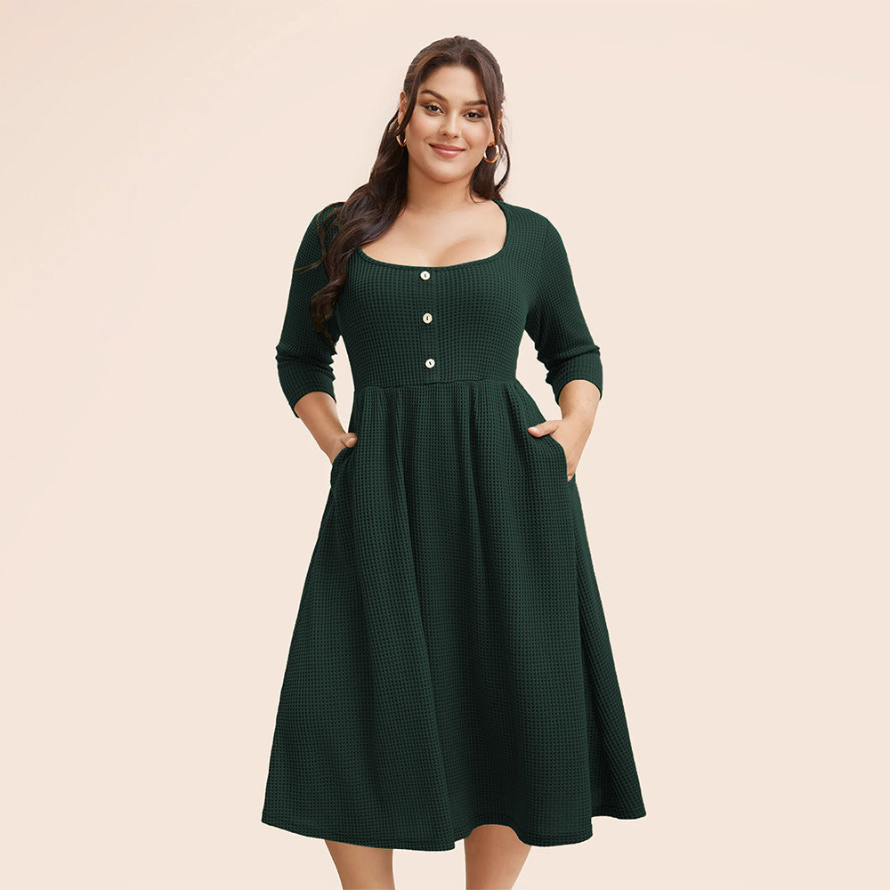 Women's Plus Size Square Neck Three Quarter Sleeve Tight Dress