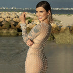 Women's Sexy See Through Light Diamond Bubble Beach Dress Mesh Long Sleeve Dress