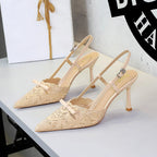 Women's Lace Mesh Bow Stiletto Heel Pumps