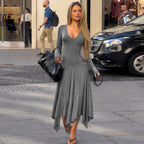 Sexy V neck Tight Waist Irregular Asymmetric Slimming Solid Color Dress Casual French Elegance Long Dress