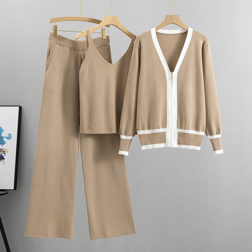 Khaki knitted cardigan and wide-leg pants three-piece set with matching sling top