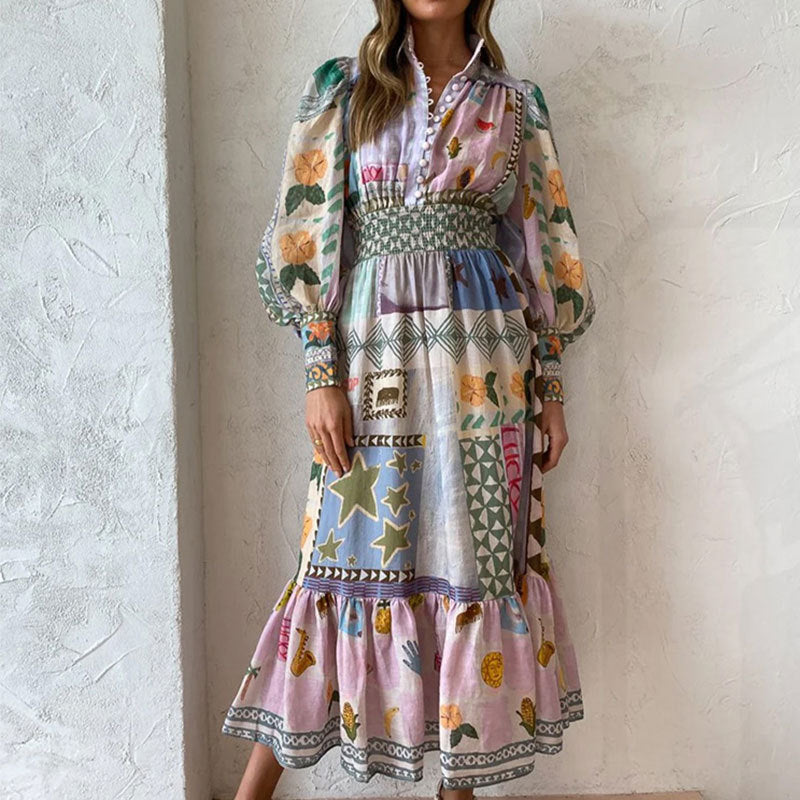 's Summer Office Printing Painted Long Sleeve Casual Dress