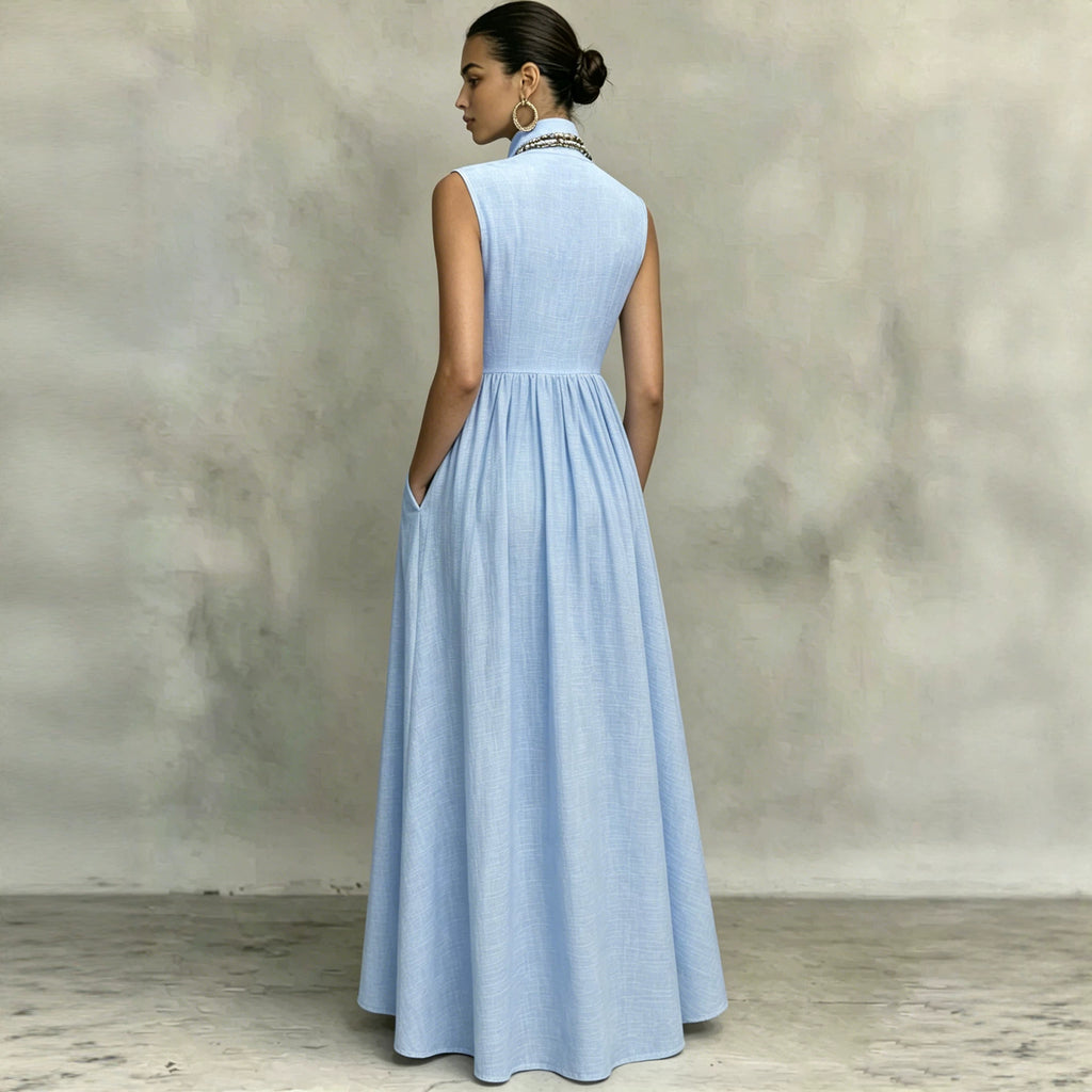 Light blue sleeveless maxi dress, scoop back, gathered waist, pleated skirt