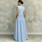 Light blue sleeveless maxi dress, scoop back, gathered waist, pleated skirt