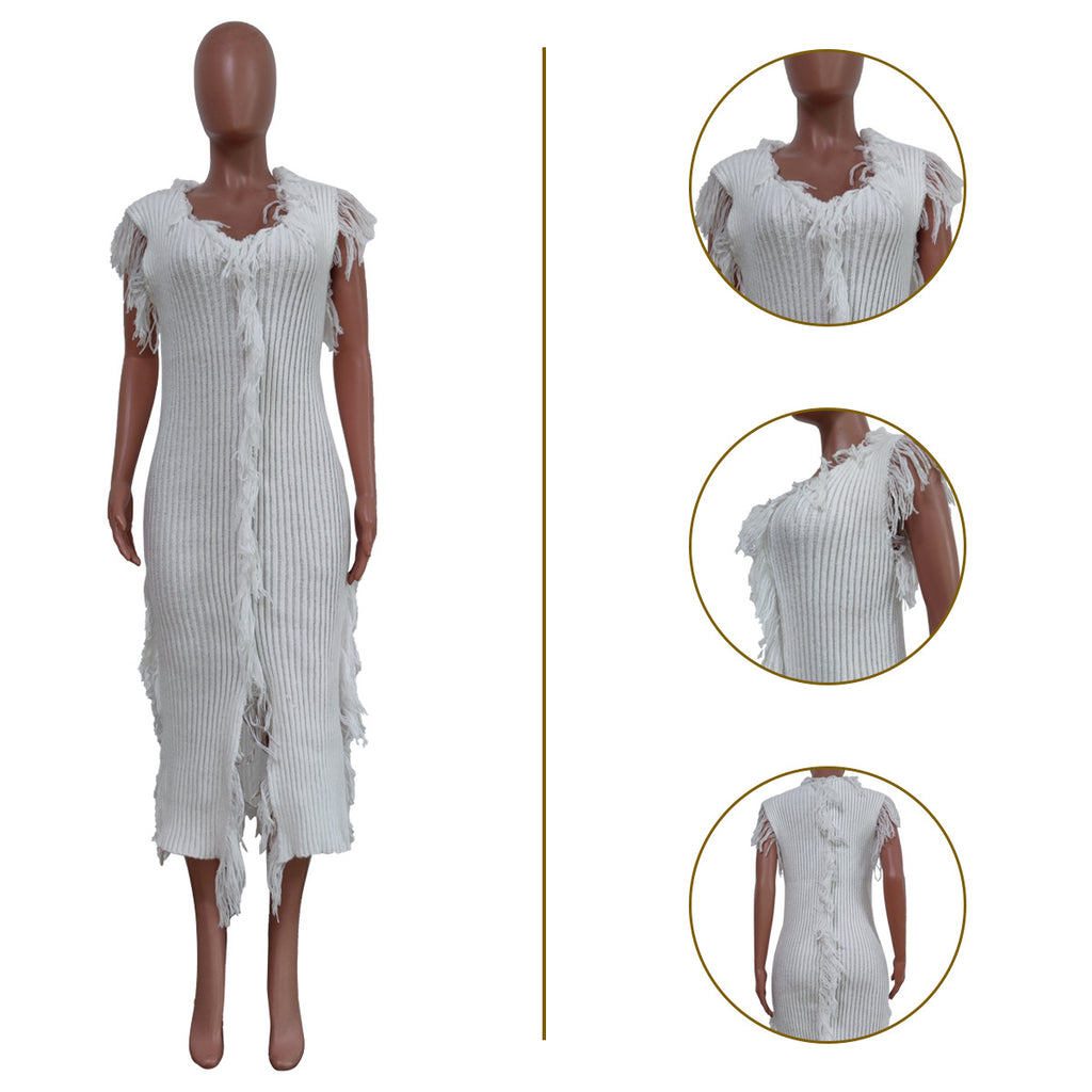 Fringe Ribbed Sleeveless Knit Bodycon Maxi Dress