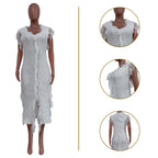 Fringe Ribbed Sleeveless Knit Bodycon Maxi Dress