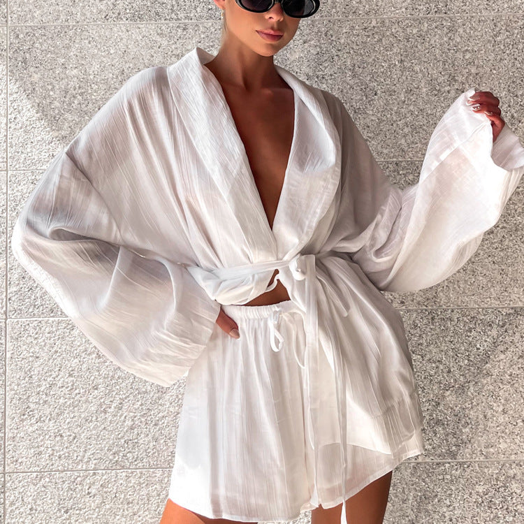 Long Sleeve Lace Up Top Loose Shorts