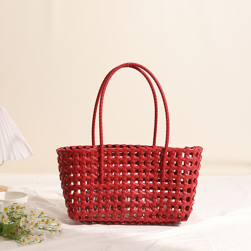 Women's Hollow Out Cutout Shoulder Plastic Woven Bag Solid Color Straw Bag Vacation Beach Bag Women Bag