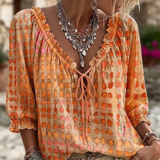 Abstract Geometric Abstract Polka Dot Printed Drawstring Ruffle V neck Top