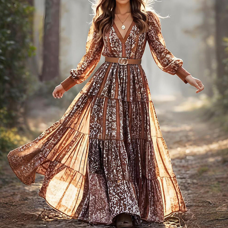 Printed Fashionable V-Neck Bohemian Maxi Dress