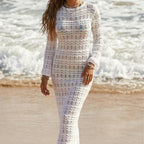 Hollow Out Cutout Texture Long Sleeve Holiday Maxi Dress Beach Sun Protection Backless Lace up Blouse Maxi Dress