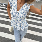 V neck Flounced Sleeve Floral SL Top Women Summer Ruffles