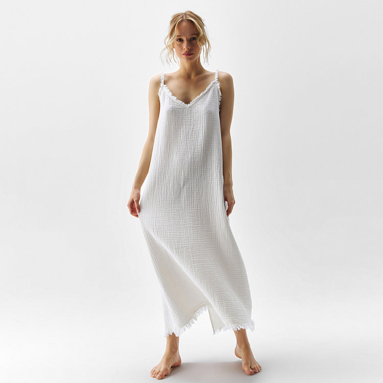 White Cotton V-Neck Split Cami Dress