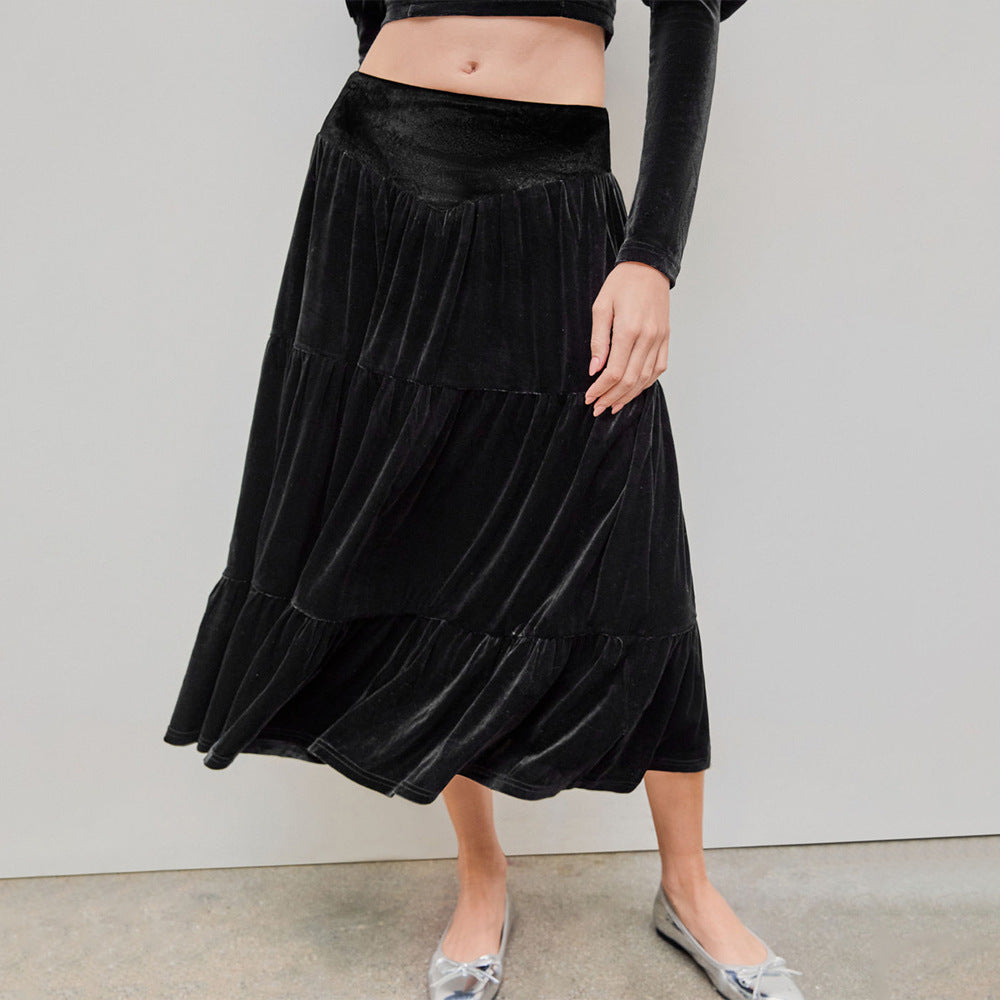 Women's Mid Length Lotus Leaf Velvet Skirt