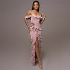Spaghetti-Strap Asymmetric Ruffle Split Bodycon Maxi Dress