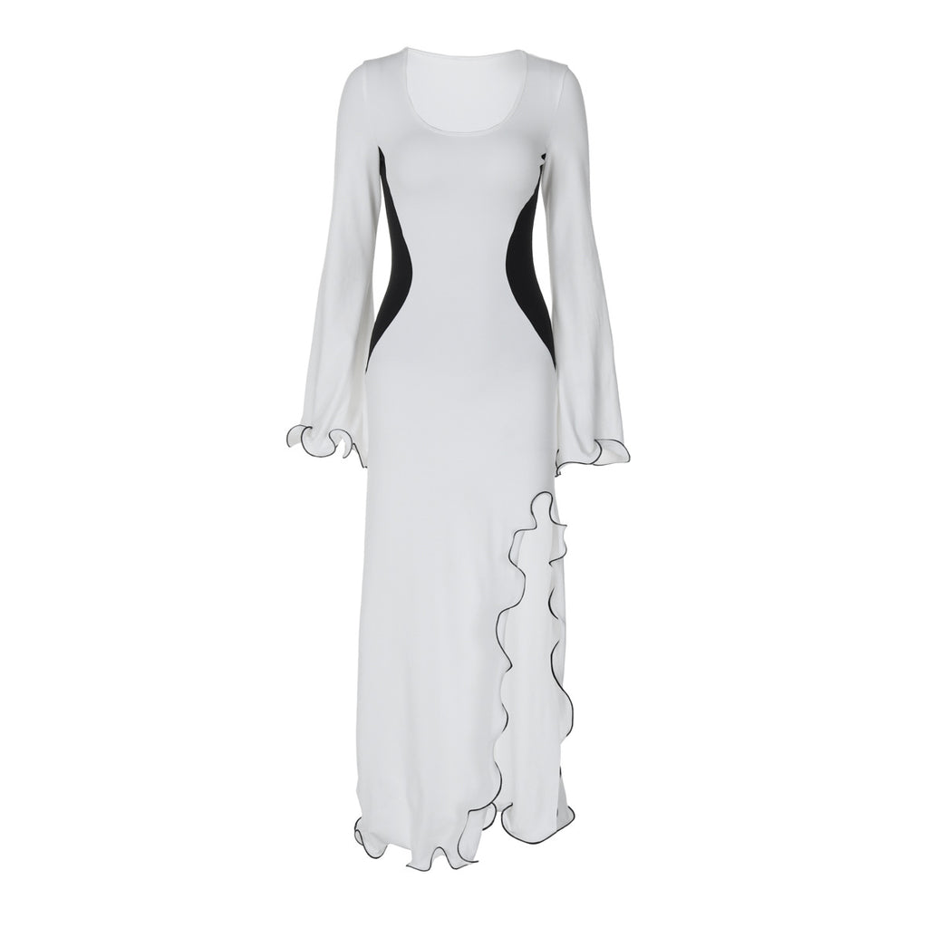 Women's Fall Sexy Slim Fit High Waist Stitching Split Long Sleeve Dress
