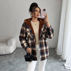 Women's Retro Plaid Hooded Warm Thickened Women Overcoat Shoulder Woolen Coat