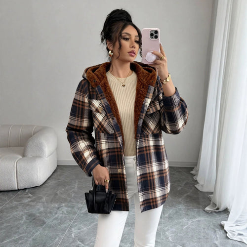 Retro Plaid Hooded Warm Thickened Women Overcoat Shoulder Woolen Coat