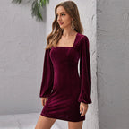 Women's Square Collar Long Sleeve Velvet A line Dress Spring Autumn Backless Waist Trimming Short Bottoming Dress