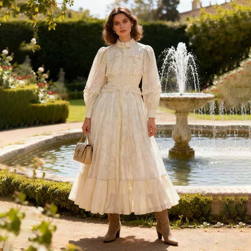 Women's Lace-Trimmed Embroidered Long-Sleeve Dress