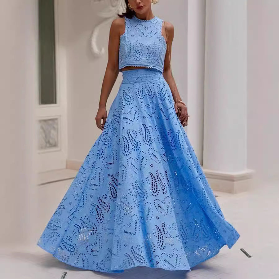 Women's Sleeveless Long Skirt Pocket Set Vacation Loose Two Piece Set '