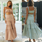Women's Solid Color Suspender Half-Length Top and Skirt Two-Piece Set