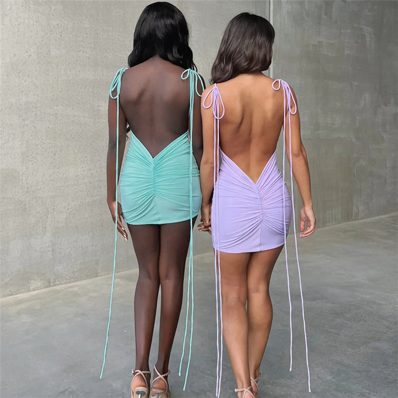 Women's Summer Women Sexy Backless Off-Neck Pleating Sheath Dress For Women