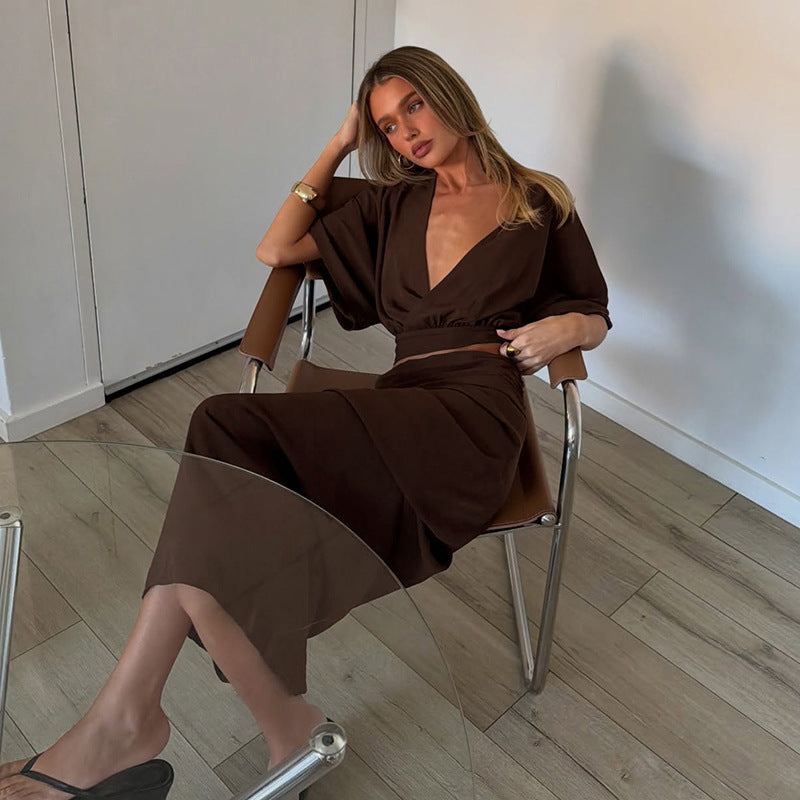 Women Summer Solid Color Two Piece Set Sexy V neck Long Skirt Set