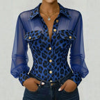 Leopard Splicing Mesh Pocket Elegant Button Shirt