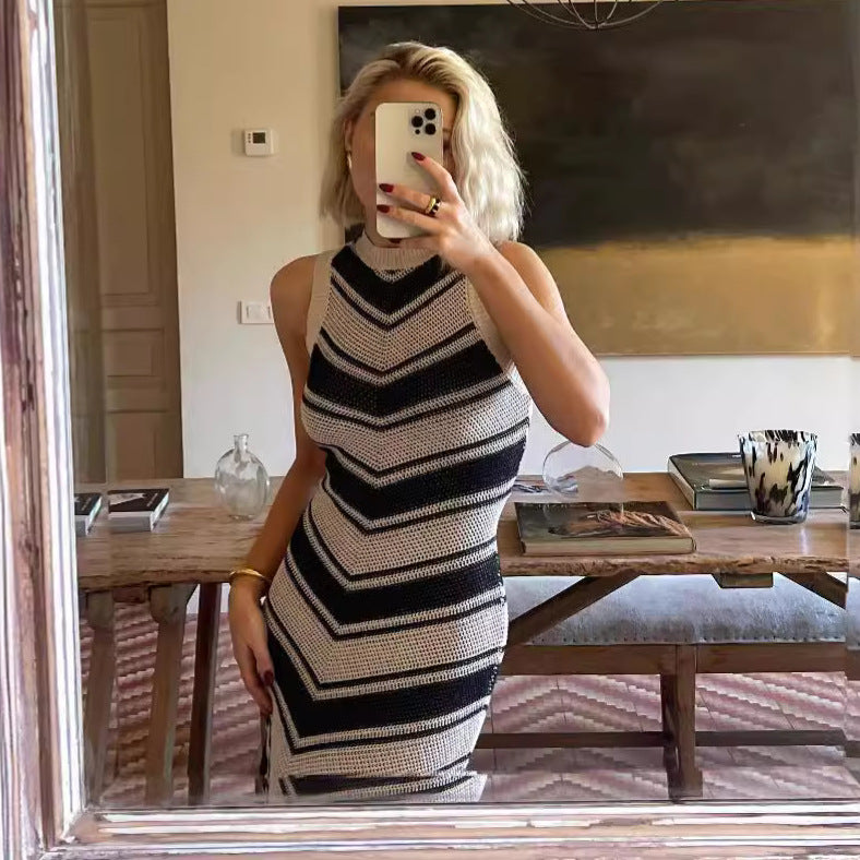 Tight Striped Tassel Knitted Sleeveless Summer Midi Dress