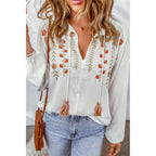 Women's Floral Embroidered V Neck Pullover Shirt Women Tassel Lace Up Long Sleeve Chiffon