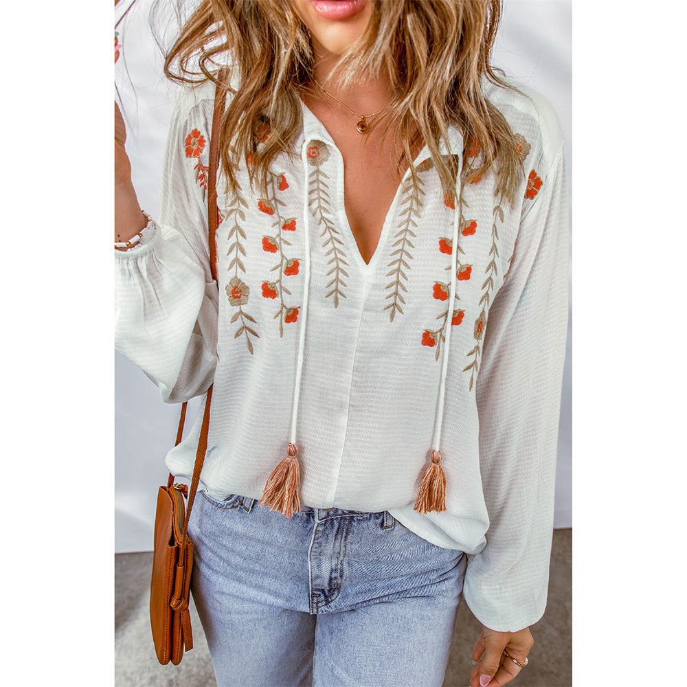 Women's Floral Embroidered V Neck Pullover Shirt Women Tassel Lace Up Long Sleeve Chiffon