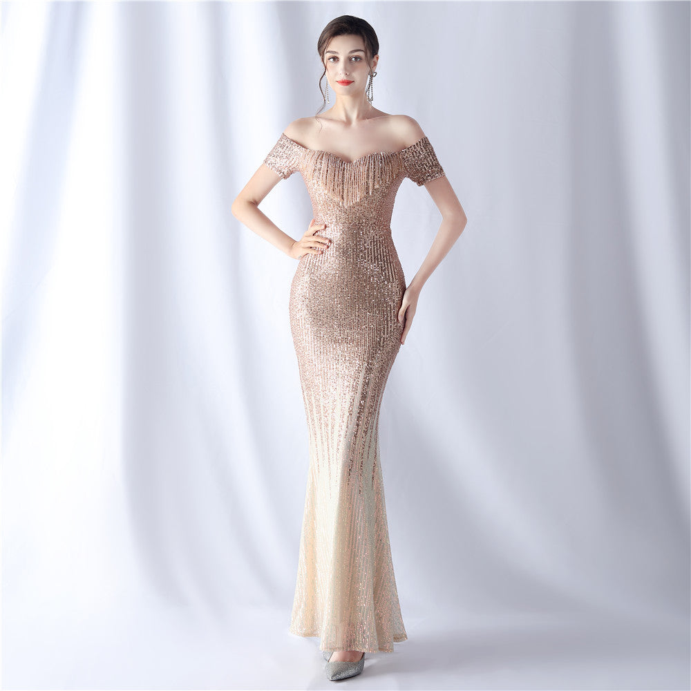Women's Gradient Sequin Embellished Mix Match Beads Elegant Evening Dress